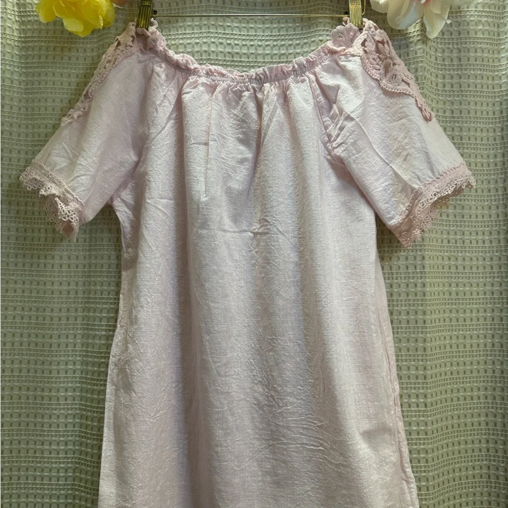 Women's Pink Off-Shoulder Lace Trim Nightgown - Picture 3 of 10